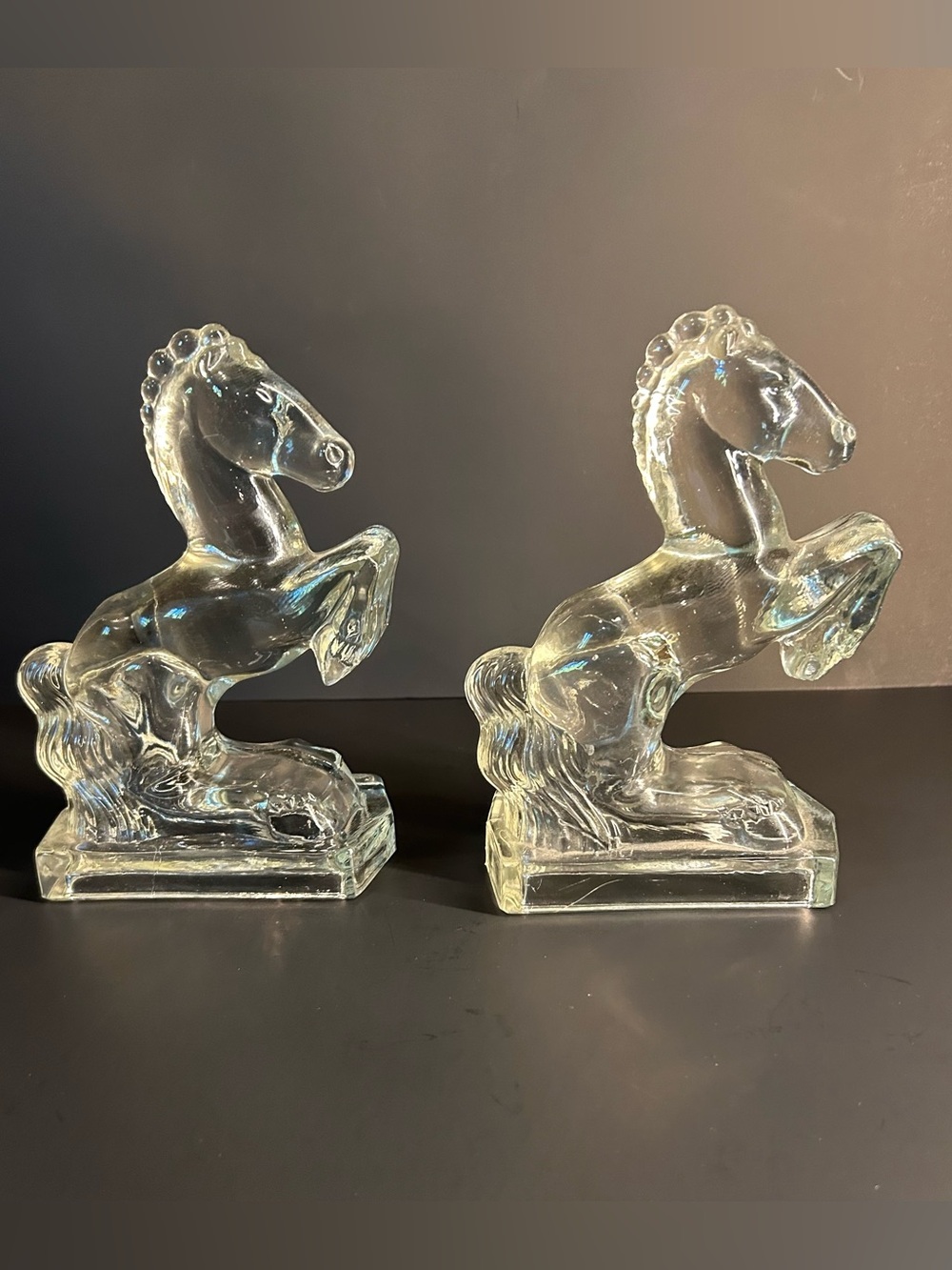 LE Smith Glass Rearing Horse Bookends Clear Pair MCM